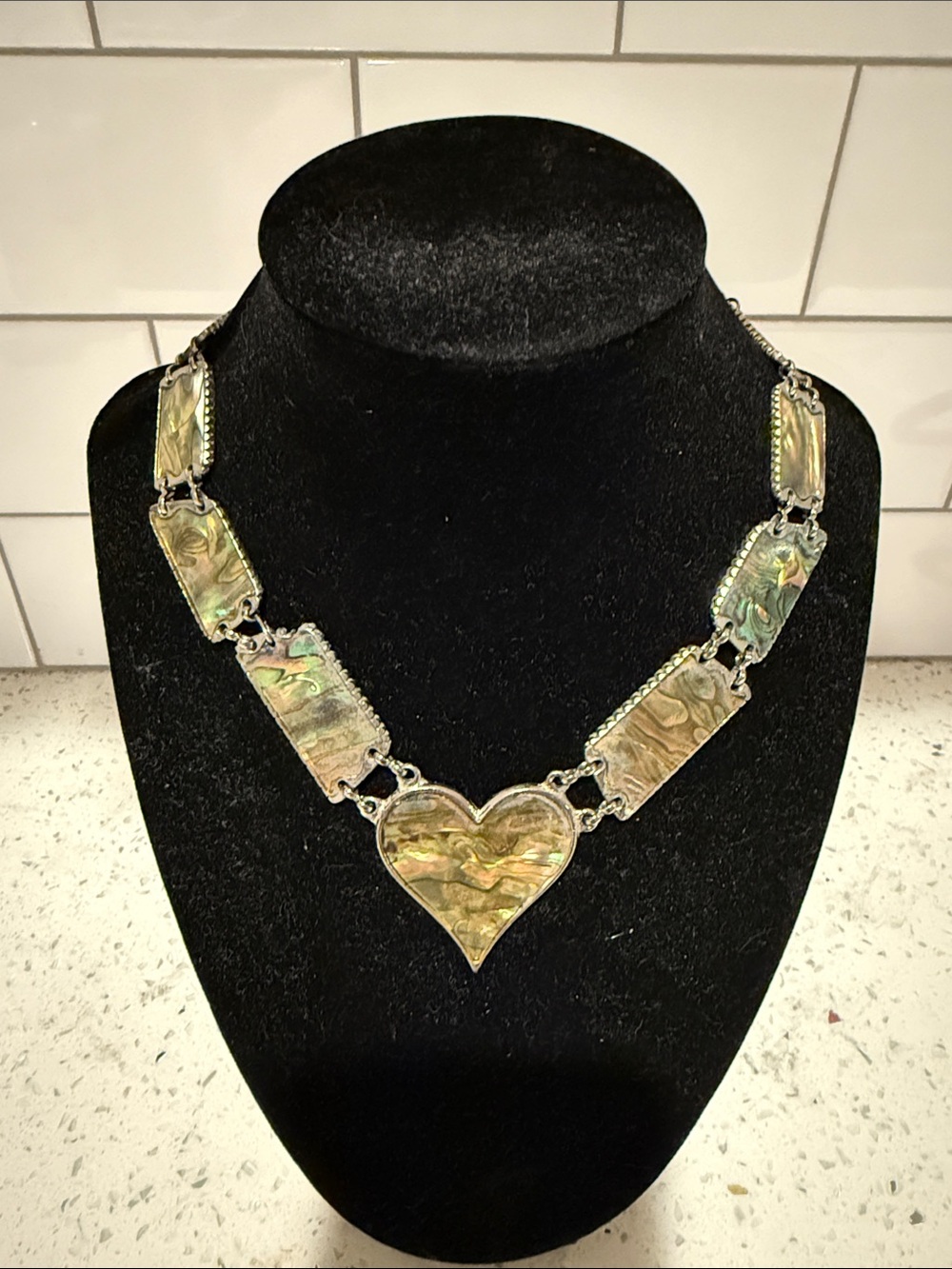 Vintage Abalone Shell Heart Statement Necklace Silver Tone